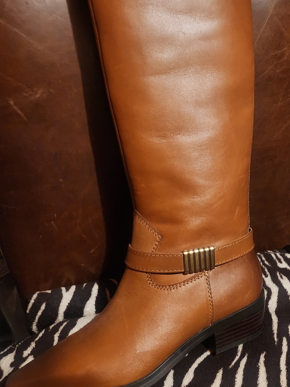 Vince Camuto Cognac Leather Knee-High Riding Boots with Gold Accent